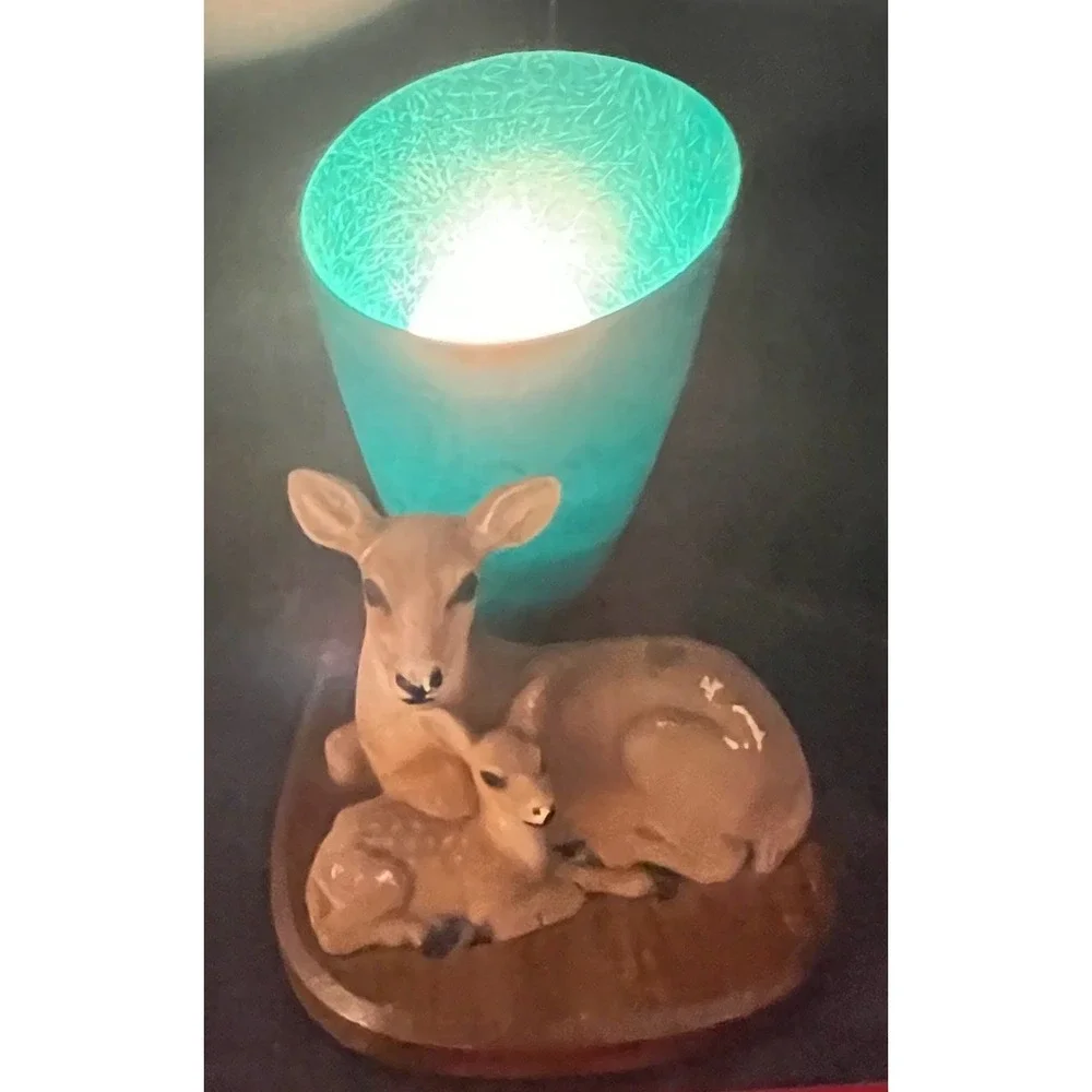 Vintage Mid-Century Flocked Deer & Fawn Figurine Woodland Lamp Wood Base Works!